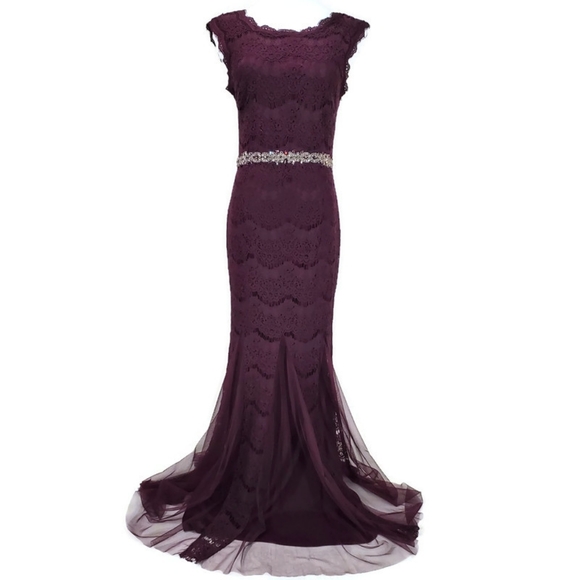 Betsy & Adam Deep Plum Crystal Waist Lace Formal Mother of the Bride Dress SZ 6 - Picture 7 of 16